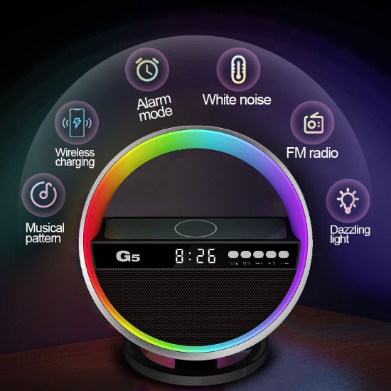 图片 G5 wireless charging bluetooth speaker big G atmosphere light mobile phone wireless charging clock multi-function audio source factory