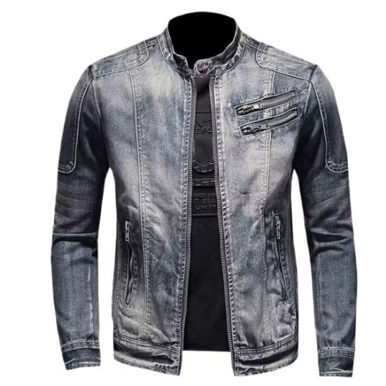 图片 Fashion men's denim jacket European and American casual retro large size stand collar zipper jacket cycling motorcycle clothing