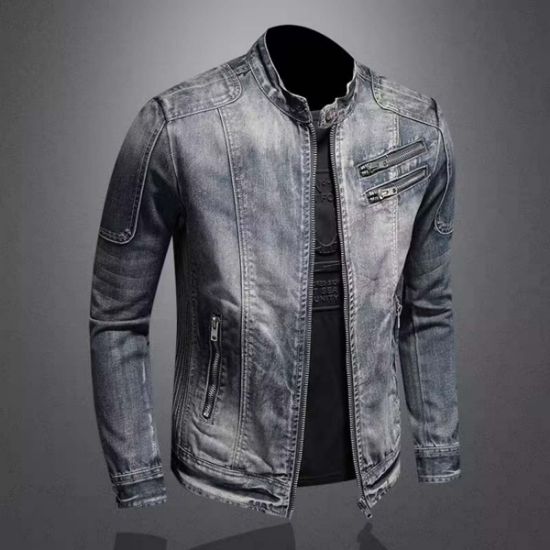 图片 Fashion men's denim jacket European and American casual retro large size stand collar zipper jacket cycling motorcycle clothing
