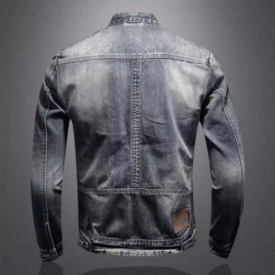 图片 Fashion men's denim jacket European and American casual retro large size stand collar zipper jacket cycling motorcycle clothing