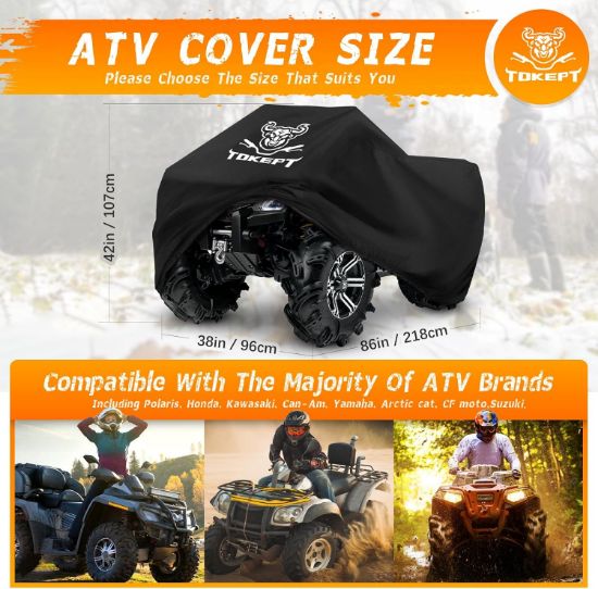 图片 ATV Cover, Heavy Duty Black Waterproof Oxford Fabric Protective 4 Wheeler Quad Cover for 86" Kawasaki Honda Polaris Yamaha (86''L x 38''W x 42''H)