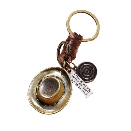 图片 European and American new accessories hand-woven retro alloy cowboy hat cowhide keychain personality creative car pendant